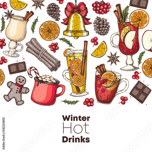 Mulled wine, winter hot drink. Hand drawn. Vector illustration. Hot drinks for design. Christmas invitation design template. Colorful collection. Christmas bar menu. Mulled wine, coffee and tea