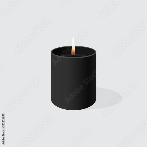 Aromatic decorative interior burning candle in a black glass or jug. Vector stock illustration.