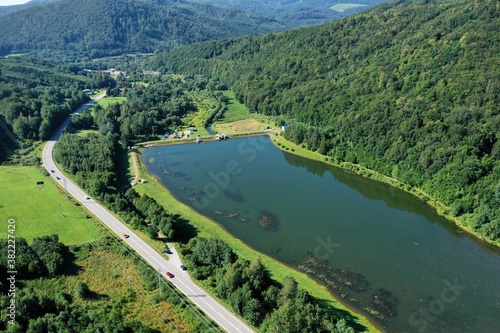 Aerial view of a water reservoir in the town of Dobsina in Slovakia