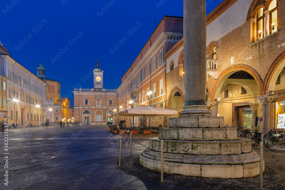 Ravenna - The square Piazza del Popolo at dusk.