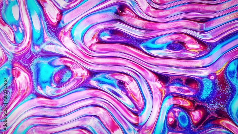 Obraz premium 3d rendring abstract iridescent fluid background. Beautiful wavy glass surface of liquid with pattern, gradient color and flow waves on it. Creative bright bg