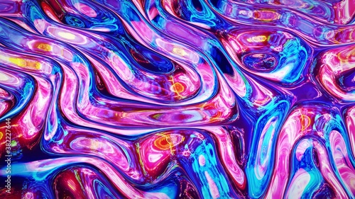 3d rendring abstract iridescent fluid background. Beautiful wavy glass surface of liquid with pattern, gradient color and flow waves on it. Creative bright bg © Green Wind