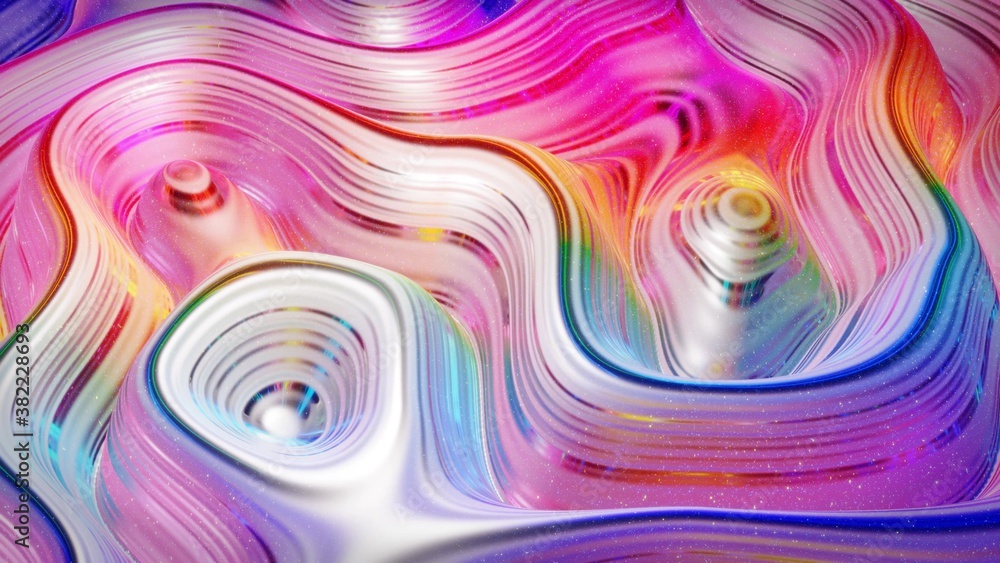 Fototapeta premium 3d rendering abstract background. Beautiful iridescent wavy surface of liquid with pattern, gradient color and flow waves on it. Rainbow glossy and matt fluid. Creative bright bg