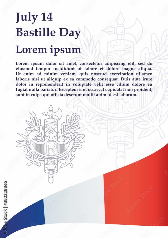 Bastille Day, July 14, Flag of France, French Republic. Template for award design, an official document with the flag of France. Bright, colorful vector illustration.