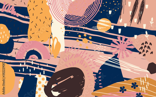 Different shapes and textures artistic vector illustration collage. Colorful abstract graphic design artwork, creative background for banner, brochure, card, invitation, flyer, placard, poster, report