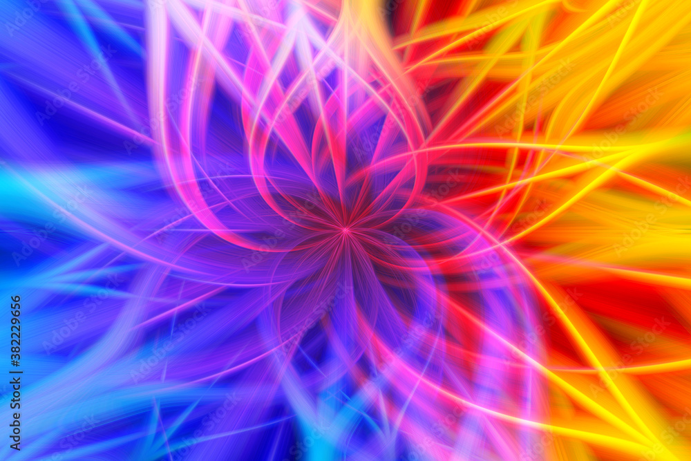 Abstract Twisted Light Fibers. Anime Effects Background Overlay Blend.  Modern Fractal Floral Leaf Design Fantasy Majestic Background. Illuminated  blue, pink and yellow light painting. ilustração do Stock | Adobe Stock