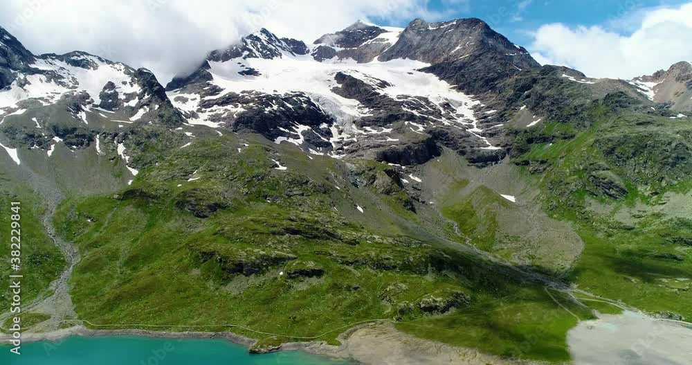 Glacier and a blue lake in a mountain in Switzerland, under the blue sky. Environment, climate change and global warming, in aerial view with a drone 4K Glacier and a blue lake in a mountain in Switzerland, under the blue sky. Environment, climate change and global warming, in aerial view with a drone 4K