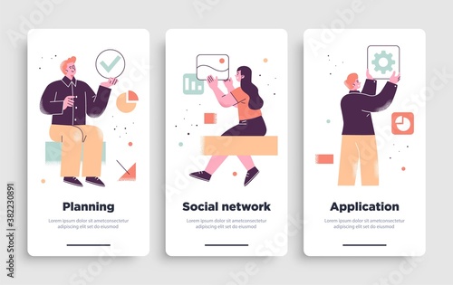Poster, flyer or mobile application design templates. Business concept illustrations. Modern flat outline style