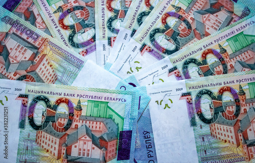 One hundred Belarusian rubles. Hundred-ruble bill of the Republic of Belarus. National currency. Background of the Belarusian ruble