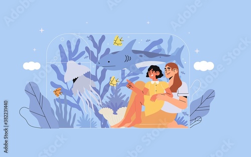 Underwater aquarium, family looking ocean animals fish in marine zoo. Mother and daughter study sea life vector illustration. Aquarium, marine flora and fauna, underwater fish and sea animals.