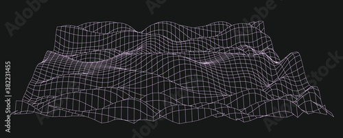 Abstract technology background with warped and distorted grid. Vaporwave and synthwave style illustration like in old video arcade games.