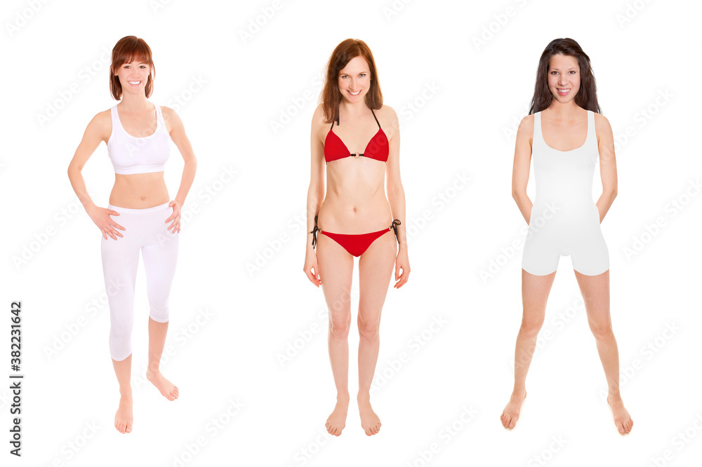 Full length portraits of three beautiful athletic women wearing sportswear, isolated in front of white background Full length portraits of three beautiful athletic women wearing sportswear, isolated in front of white background