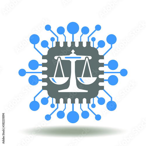 Micro processor and scales icon vector. Law Logo. Digital legislation computer data symbol.