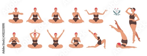 Body positive. Big set of happy plus size girls and active healthy lifestyle. Love your body. Variety of poses and gestures. Trendy vector illustration. 