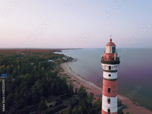 Aerial view of Osinovetskiy lighthouse at sunset