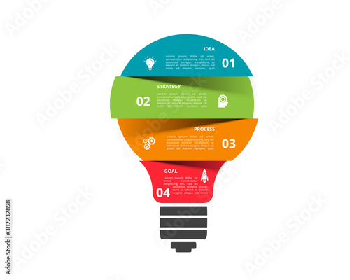 Infographics vector light bulb. Template for growth chart, graph, presentation, chart. Business startup lamp concept with 4 options, parts, steps, processes.