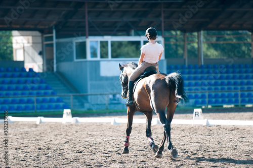 Young lady riding a horse. Training before competition