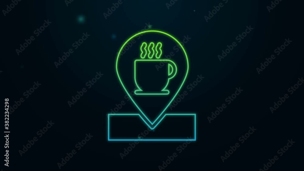 Glowing neon line Location with coffee cup icon isolated on black background. 4K Video motion graphic animation Glowing neon line Location with coffee cup icon isolated on black background. 4K Video motion graphic animation