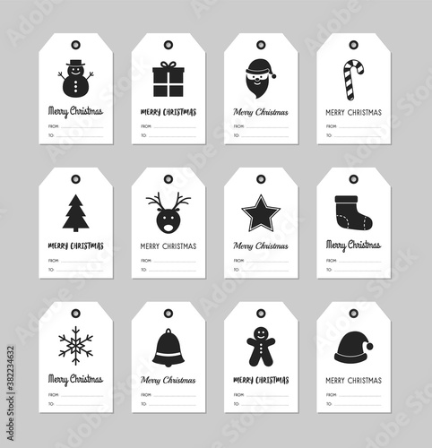 Christmas gift tags with minimalist icons and greetings. Xmas decorations. Vector