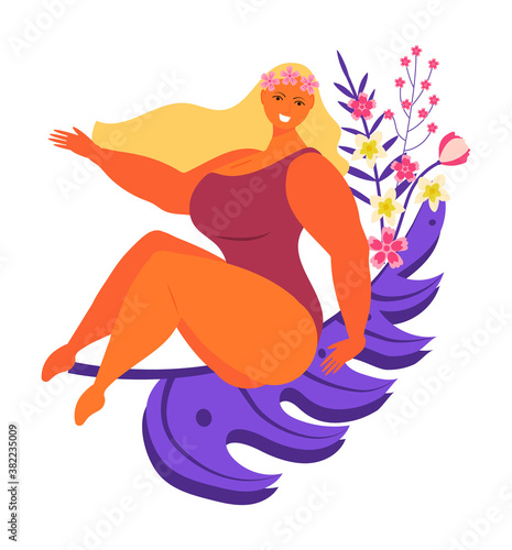 Feminism  body positive concept vector. Beautiful white woman with long waving hair and tropical flowers is sitting on palm leaf. International women day in March illustration. 