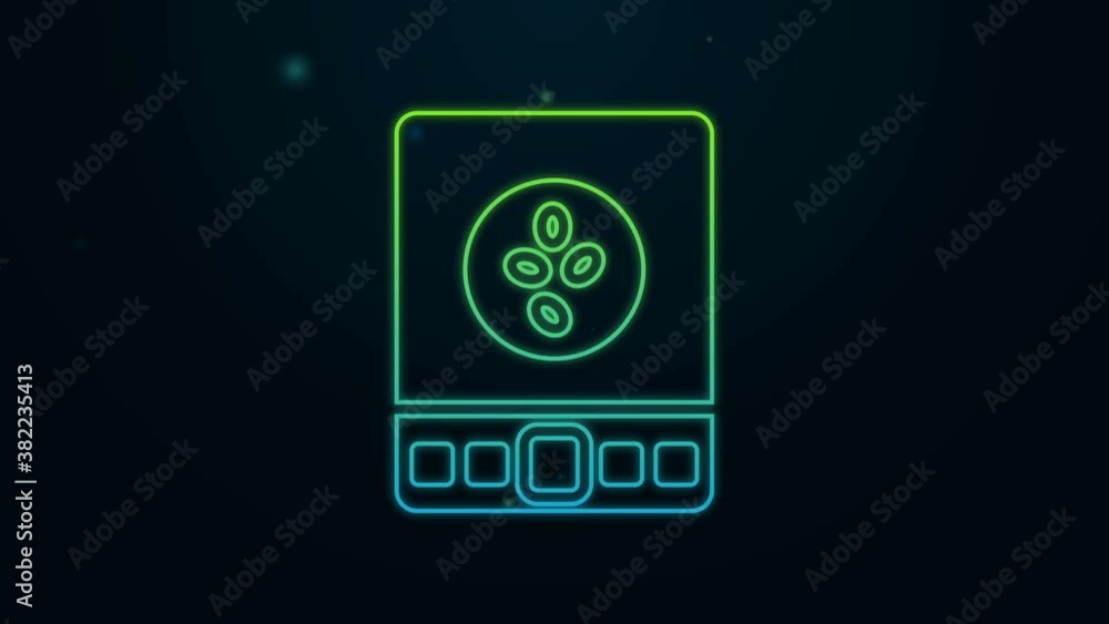 Glowing neon line Electronic coffee scales icon isolated on black background. Weight measure equipment. 4K Video motion graphic animation Glowing neon line Electronic coffee scales icon isolated on black background. Weight measure equipment. 4K Video motion graphic animation