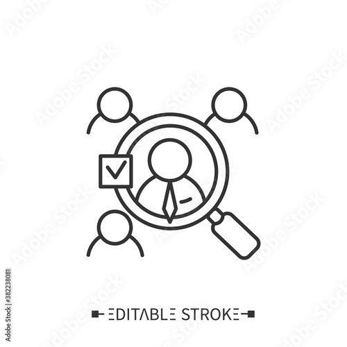 Vendor selection line icon. Product supplies management. Delivery. Business partners searching. Stages and elements of a successful production cycle. Editable stroke