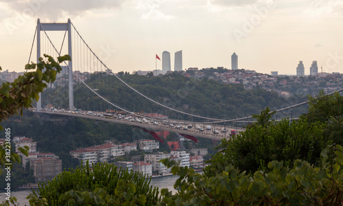 Second bridge in Istanbul is under repair and 4 lanes are closed to traffic. Traffic jam in Istanbul. Fatih Sultan Mehmet (FSM) bridge under maintenance.