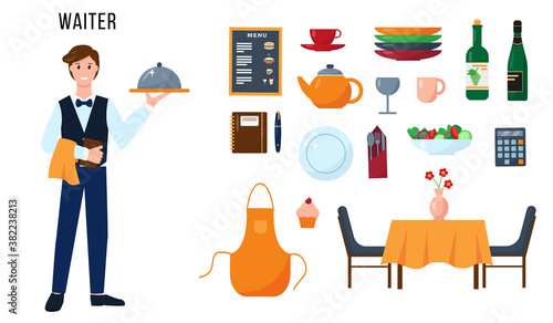 Waiter and set of elements for his work.