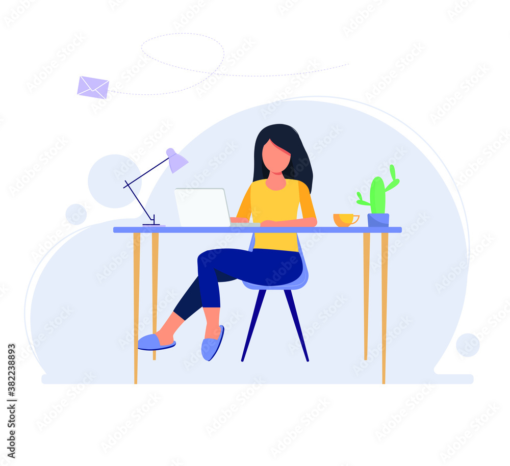 Work at home flat. Home office concept. A woman working from home, student or freelancer.