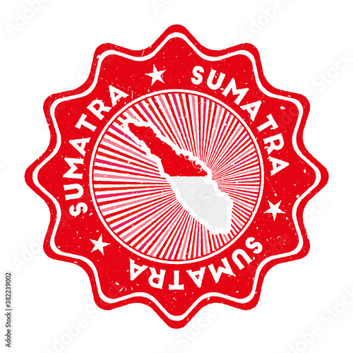 Sumatra round grunge stamp with island map and country flag. Vintage badge with circular text and stars, vector illustration.