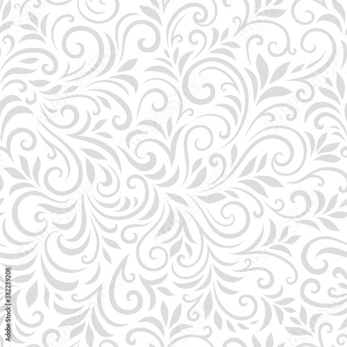 Vector seamless pattern with leaves and curls. Monochrome abstract floral background. Stylish monochrome texture.