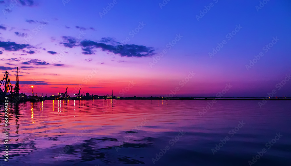 Harbor cranes container port Summer sunrise scenery landscape blue sky