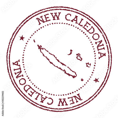 New Caledonia round rubber stamp with country map. Vintage red passport stamp with circular text and stars, vector illustration.