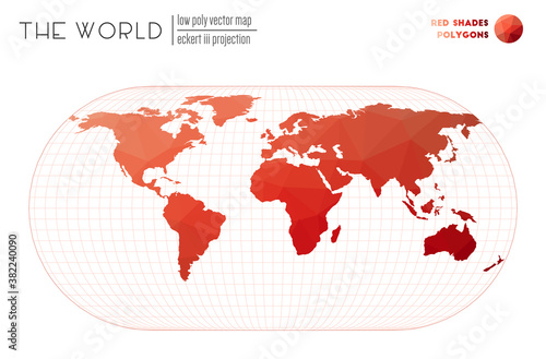 Polygonal world map. Eckert III projection of the world. Red Shades colored polygons. Beautiful vector illustration.