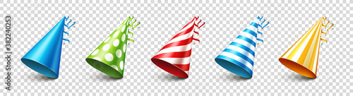 Party shiny hat with ribbon on transparent background. Holiday decoration. Birthday celebration. Vector illustration.