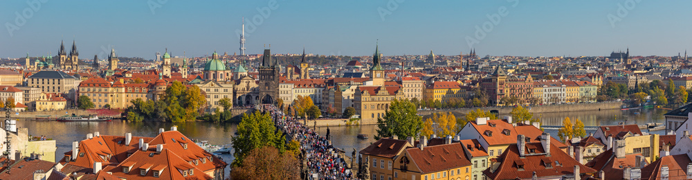 PRAGUE, CZECH REPUBLIC - OCTOBER 13, 2018: The panorama of the city with the Charles bridge and the Old Town  in evening light.