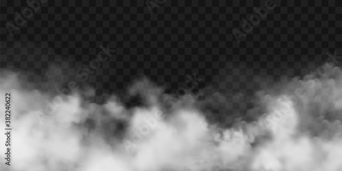  Realistic fog, mist effect. Smoke on dark background. Vector vapor in air, steam flow. Clouds.