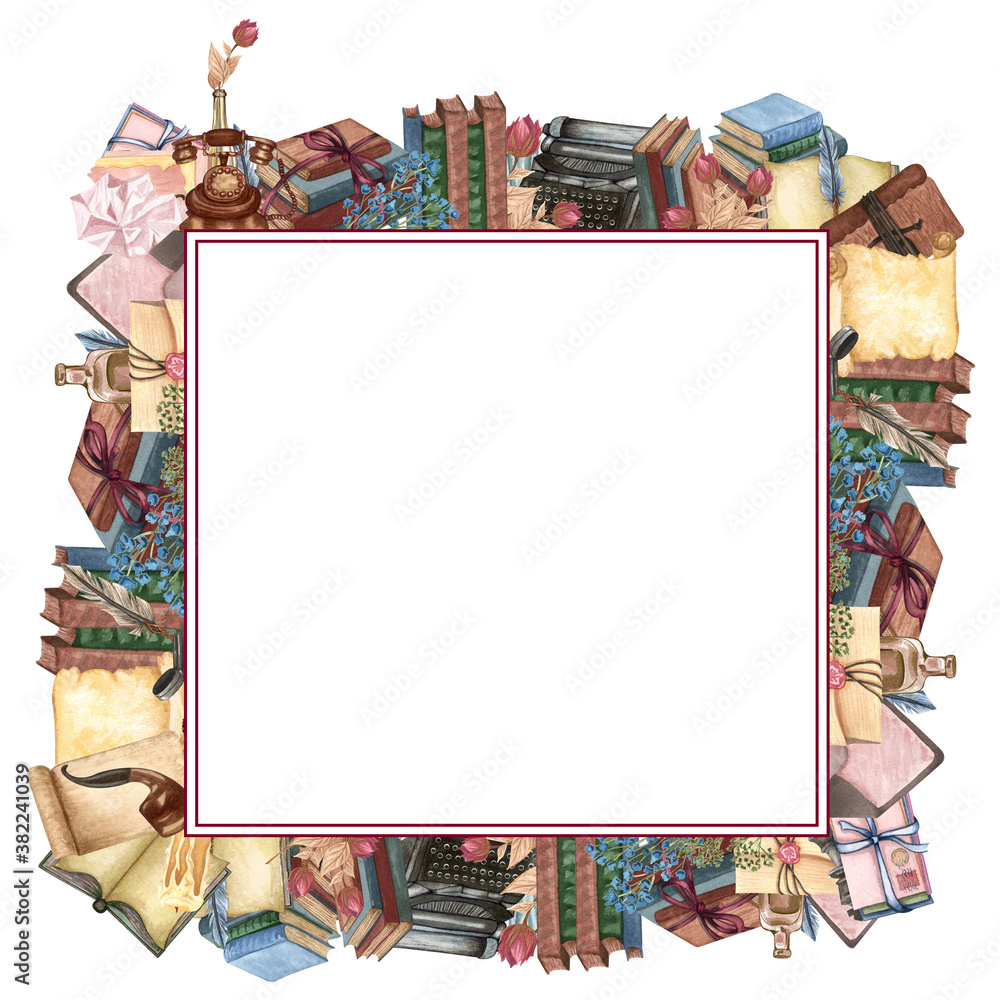 Watercolor book frame, education art library, bookshelves hand drawn