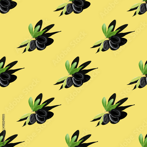 Symmetrical Gouache pattern of olive tree branch with shadow on yellow Flat lay. Minimal concept. Minimal isometric food texture. Hand painted botanical illustration