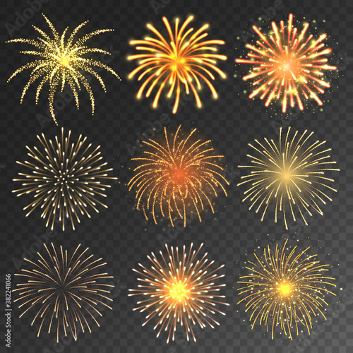 Festive fireworks collection. Realistic colorful firework on transparent background. Christmas or New Year greeting card element. Vector illustration.