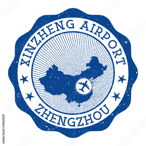 Xinzheng Airport Zhengzhou stamp. Airport of Zhengzhou round logo with location on China map marked by airplane. Vector illustration. photo