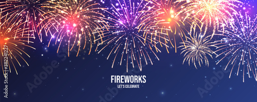 Festive fireworks. Realistic colorful firework. Christmas or New Year greeting card. Diwali festival of lights. Vector illustration.