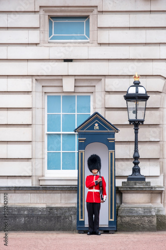 A royal guard outside Buckingham Palace, official residence of the Queen in Central London, London, England, United Kingdom photo