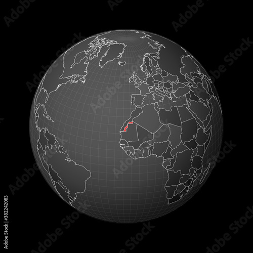 Dark globe centered on Western Sahara. Country highlighted with red color on world map. Satellite world projection. Astonishing vector illustration.