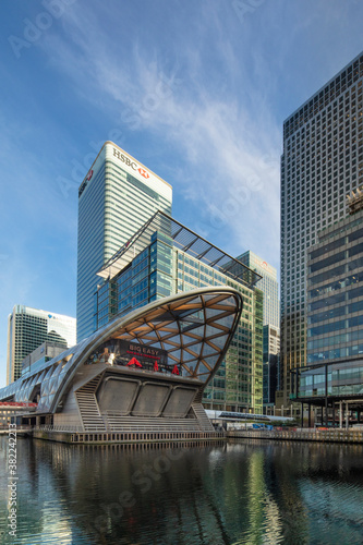 View of Norman Foster's Crossrail station in the Canary Wharf financial and business district, Docklands, Isle of Dogs, Tower Hamlets, London, England, United Kingdom photo