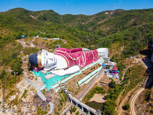 Aerial by drone of a giant reclining Buddha in Win Sein Taw Ya outside Mawlamyine, Mon state photo