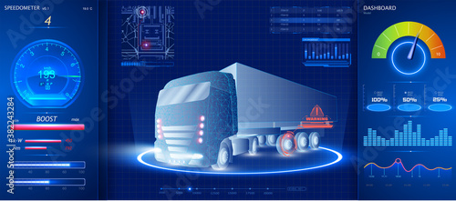 Autonomous smart truck. Unmanned vehicles. artificial intelligence controls the Autonomous truck. Hologram car style in HUD/UI/GUI. Hardware Diagnostics Condition of Car. Analysis and diagnostics auto