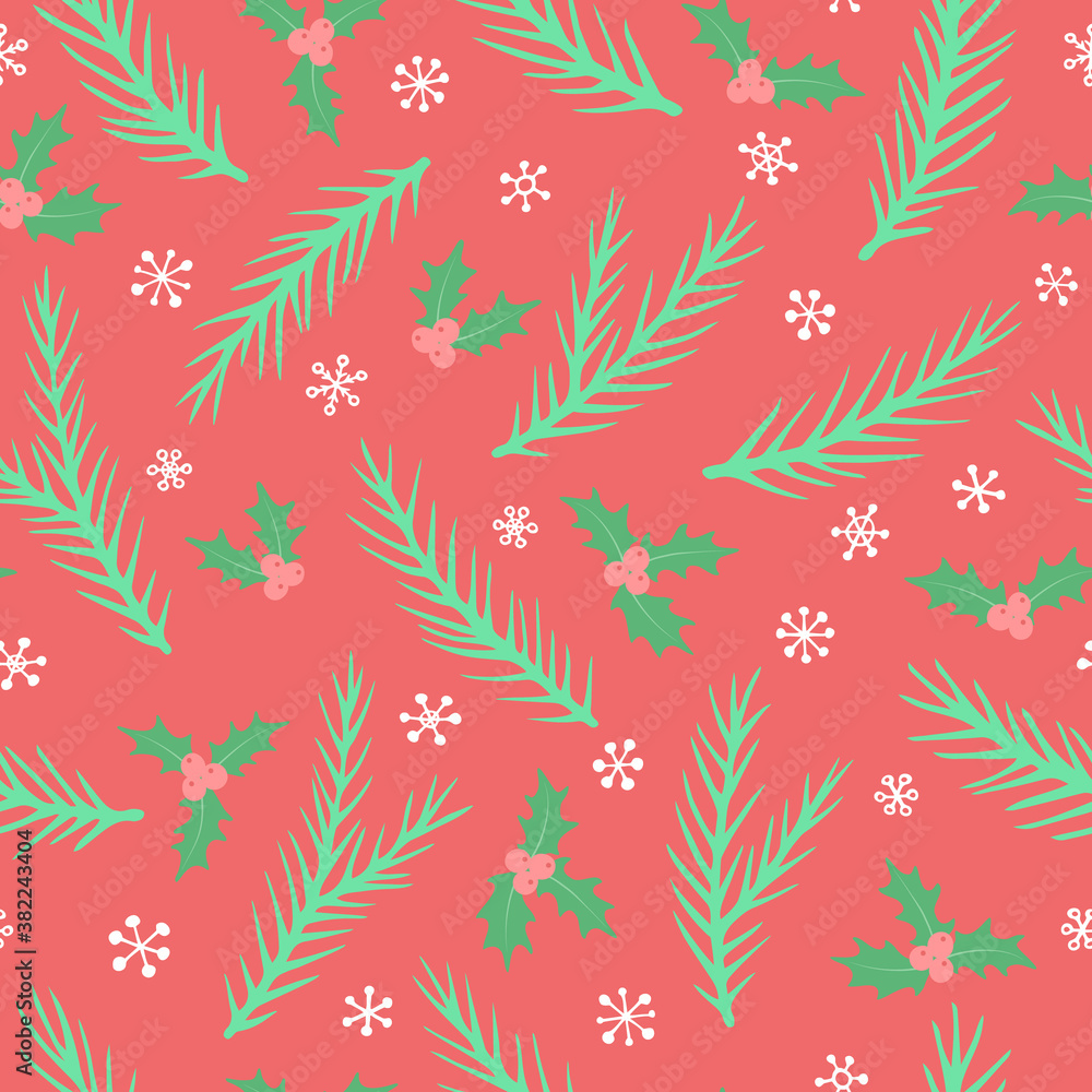 Vector seamless pattern with hand drawn spruce branches, Holly and snowflakes. Cute design for Christmas wrappings, textile and backgrounds Vector seamless pattern with hand drawn spruce branches, Holly and snowflakes. Cute design for Christmas wrappings, textile and backgrounds