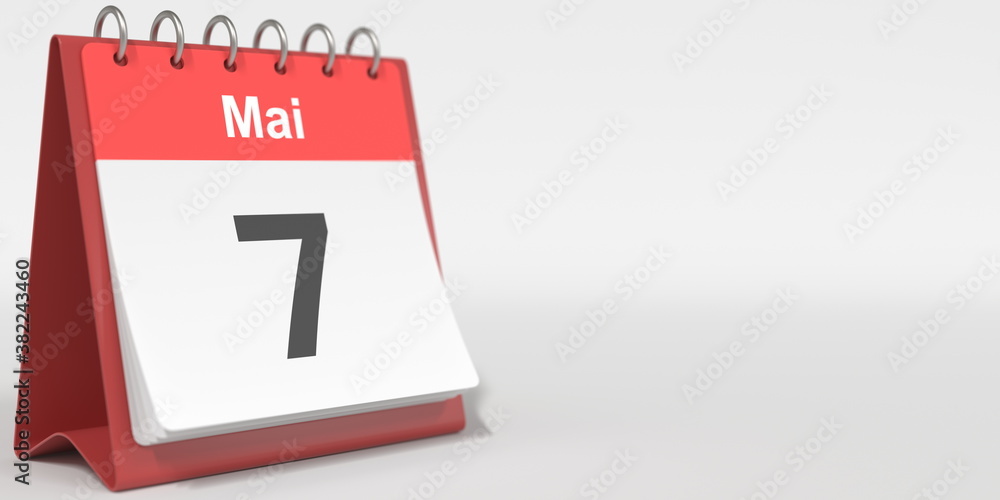 May 7 date written in German on the flip calendar page. 3d rendering May 7 date written in German on the flip calendar page. 3d rendering