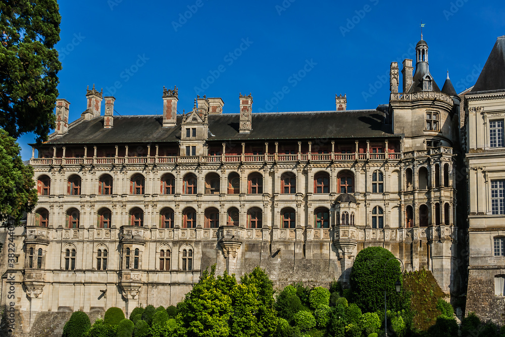 External view of Royal Chateau de Blois (Residence of 7 kings and 10 queens of France, XIII - XVII century), located in Loir-et-Cher departement in Loire Valley, France, in city of Blois.